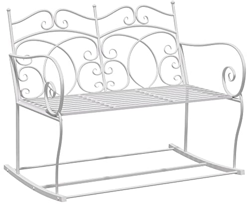 Outsunny Patio 2 Seater Rocking Bench Steel Garden Outdoor Garden Loveseat Chair w/Decorative Backrest White