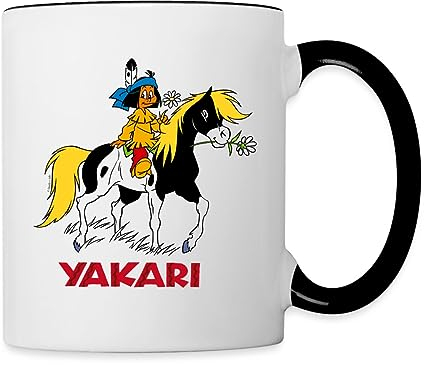 Spreadshirt Yakari Indianer Reitet Auf Kleiner Donner Tasse Zweifarbig, One size, Weiß/Schwarz