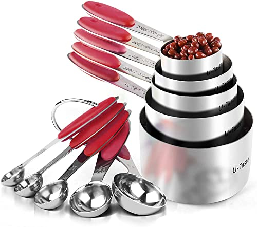 Misurini Dosatori e Cucchiai Set: U-Taste 18/8 Dosatore Misurino Cucchiaio in Acciaio Inossidabile, 10 Pezzi per la Cottura in Cucina, Manico a Spessore Migliorato (Rosso)