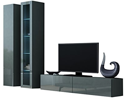Wohnwand VIGO X Anbauwand Modernes Wohnzimmer Set, Mediawand, Glasvitrine, Hängeschrank TV-Schrank (mit RGB LED Beleuchtung, Grau/Grau Hochglanz)