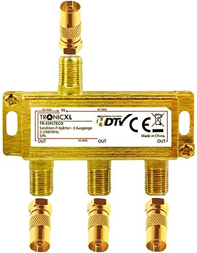 TronicXL 3-fach Koaxverteiler Antennenverteiler SAT Verteiler GOLD Koax Buchse F-Stecker mit DC-Durchlass TV Kabelfernsehen Splitter kompatibel mit für Unitymedia Vodafone HD 3D 4K weiche Koaxial