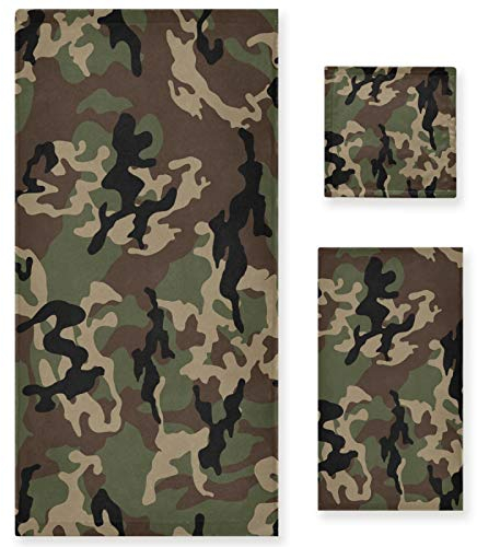 Naanle Handtuch-Set, 3-teilig, Camouflage, Badetücher, Set für Badezimmer, sehr saugfähig, Baumwolle, großes Badetuch, Handtuch + Waschlappen, 3 Stück