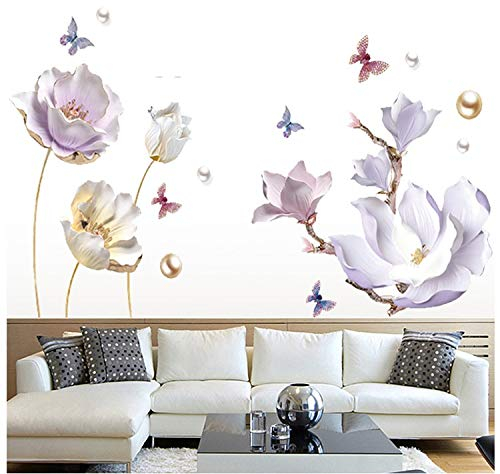 COVPAW® Wandtattoo Wandaufkleber XXL Tulpe Magnolie Lila Perle Blumen Wandsticker Wandbild Bilder Wohnzimmer Schlafzimmer Deco