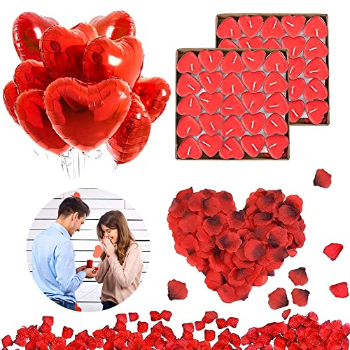 RANJIMA Romantisch Deko Set, Valentinstag Deko Set,Dekoration Romantische Kerzen Rote Teelichter und Rosenblätter Romantisch,50 Teelichter Herzform, 1000 Rosenblätter Rot, 10 Herzförmige Folienballons