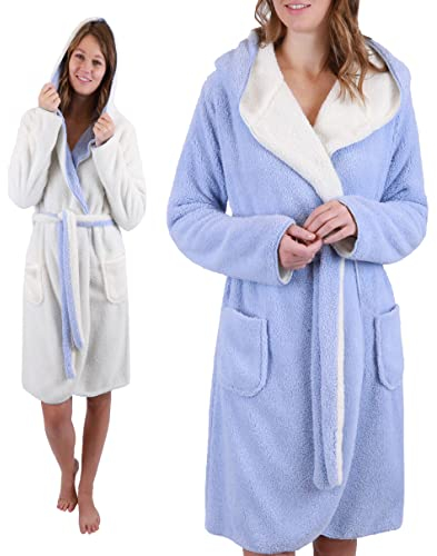 Betz Bademantel mit Kapuze Wende Saunabademantel Wellness KIEL für Damen und Herren Größe S-M hellblau-creme