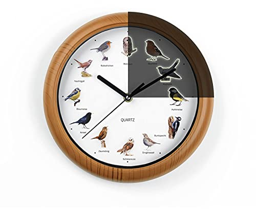 MAXXMEE Wanduhr mit Vogelstimmen | Wanduhr mit 12 Singvogelstimmen und naturgetreuen Vogelmotiven | Automatische Abschaltung zwischen 21 und 5 Uhr | Fluoreszierend: Vögel leuchten im Dunkeln [25cm]
