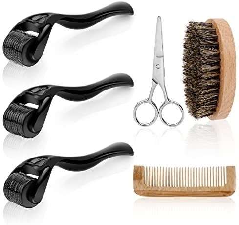 URAQT Beard Growth Kit, 6-teiliges Set Dermaroller Bartroller, Bartwachstum Kit für Männer, 3 Stück Microneedling Roller für Gesicht und Körper mit Bartbürste Bartschere Kamm (0.5mm,1mm,1.5mm)