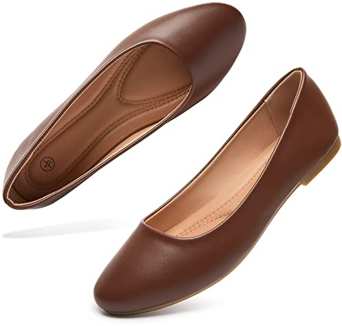 hash bubbie Women's Flats Shoes Ballet Flats Dress Shoes Comfortable PU Leather Slip on Shoes for Women(Brown .US9)