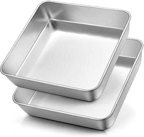 Herogo Juego de 2 moldes cuadrados para tartas, de acero inoxidable, rectangulares, 21 x 21 x 5 cm, duraderos, perfectos para brownie/lasaña/pasteles, fáciles de limpiar y aptos para lavavajillas