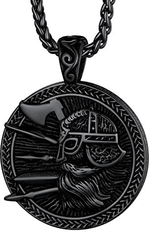 Richsteel Collier Viking Pendentif Heaume Odin Rune Carte Ronde Bijoux pour Homme Porte-Bonheur Chaîne Corde 55cm+5cm Couleur Noir