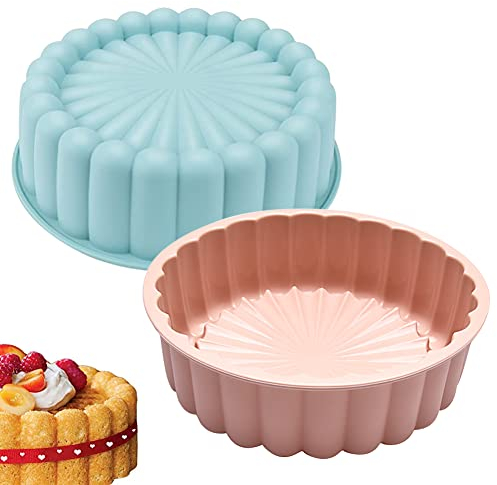 Lot de 2 moules à charlotte ronds en silicone anti-adhésif de 20,3 cm pour cheesecake, chocolat, brownie, tarte, tarte, flan, pain, fête d'anniversaire, outil de cuisson à faire soi-même (bleu + rose)