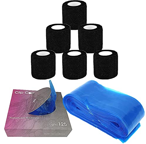 LEAYOKA Grip Tape with Clip Cord Covers - 6 Rolls Wrap Tape 125 Pieces Clip Cord Bag Self-Adhesive Covers Tape and Plastic Clip Cord Sleeves for Kits Supplies…