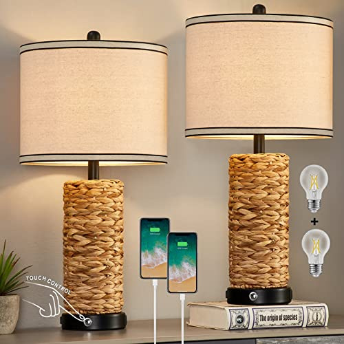 GyroVu Rattan Table Lamps Set of 2, Bedside Lamps for Bedroom Nightstand