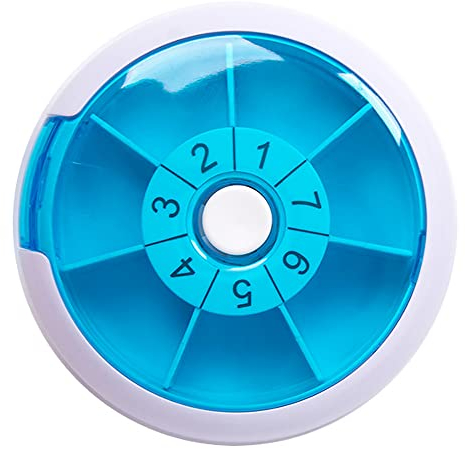 Pillendose, Pillen-Organizer, tragbar, automatisch, drehbar, rund, 7 Tage, Pillendosen, Tablett, Medikamentenbox, Halter für tägliche Medikamente, Vitamine, Nahrungsergänzungsmittel, BPA-frei (Blau)