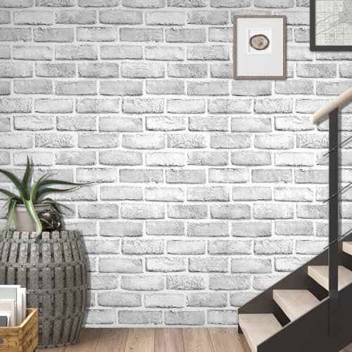 Shackcom Brick Wallpaper 44.5cm x 10m, Gray-White Contact Paper Roll Self-Adhesive Kitchen Backsplash Wall Protector