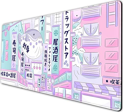 Pastel Tokyo Street Cute Desk Mat Kawaii Anime Japanese Mousepad Large Gaming Mouse Pad Beige Desktop Mat Laptop Keyboard Mouse Mat Desk Pad City Aesthetics Desk Mats for Women Girl 31.5x15.75 in