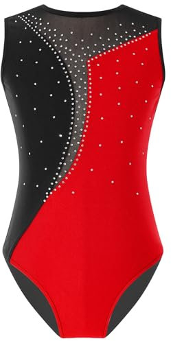 TTAO Gymnastikanzug Mädchen Kinder Ärmellos Gymnastik Trikot Turnanzug Trikotanzug Tanz Gymnastik Dancewear Atmungsaktiv Schnell Trocknend 5-16 Jahre Rot 134-140