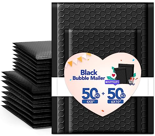 Switory Padded Envelope 100 Pack Bubble Mailer with 4x7'' & 6x9'' Strong Adhesion Cute Padded Mailer, Self-Seal Bubble Envelope Mailing for Small Business, Black