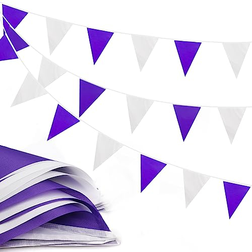 DOJoykey Wimpelkette aus Stoff, 20 m, wiederverwendbar, 52 Stück, wasserdichte Flaggen, lila-weiße Wimpelkette für Frauentag, Muttertag, Zuhause, draußen, Geburtstag, Hochzeit, Party-Dekoration