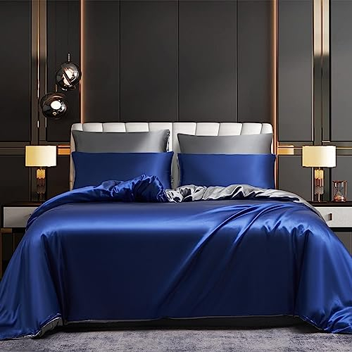 Luofanfei Satin Bettwäsche 135x200 4teilig Blau Dunkelblau Grau Glänzend Seide Glatt Wende Bettwäsche Set Glanzsatin Luxus Uni Muster Bettbezüge Set mit Reissverschluss und Kissenbezüge 80x80 cm
