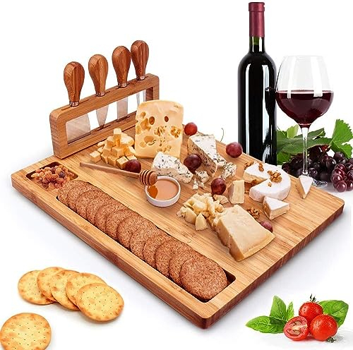 Plateau à Fromage en Bambou, Plateau à charcuterie et Plateau à Viande, Plateau de Service en Bois avec 4 Couteaux à Fromage, Cadeaux Uniques pour Noël, Mariage, Anniversaire