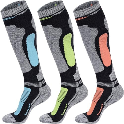 Calze da sci in lana merino, alte al ginocchio, termiche, per inverno, neve, snowboard, escursionismo, 3 paia (blu, verde, arancione), L