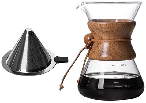 mocrcrel Série classique, cafetière à verser sur verre avec filtre en acier inoxydable, cafetière goutte-à-café, carafe résistante à la chaleur, également pour le camping, la randonnée (600 ml)
