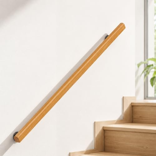 240cm Wooden Stair Handrail with Wall Brackets, Wooden Banister Rail | Wall Mounted Grab Rail for Indoor Stairs, Hallway, Corridor and Loft