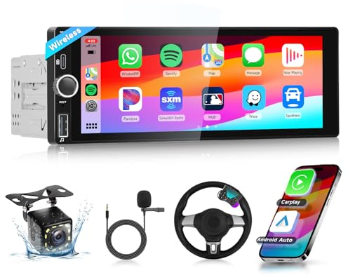 Podofo Carplay Autoradio 1din mit 6.8“Bildschirm Wireless Bluetooth，Car Stereo FM/RDS Android Auto AUX/USB/Type-c mit 12LED Rückfahrkamera,Lenkradsteuerung,Mirror link,Siri，Navi