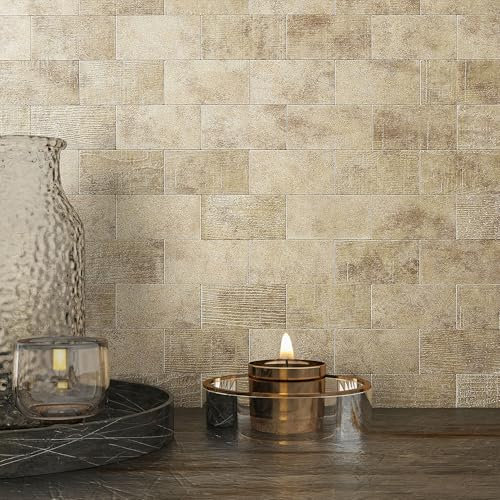 VAOVI Self-Adhesive Splashback for Kitchen,Brick Wall Tiles Stickers Peel and Stick Metal Backsplash Bathroom Tile Camellia Gold-5pcs