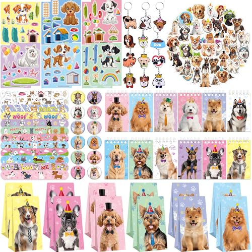 ENCETARDE 114-teiliges Hunde-Partyzubehör-Set, Welpen-Partyzubehör für Kinder, 42 Hundeaufkleber, 12 Leckerli-Taschen, 12 Knopf-Abzeichen, 12 Schlüsselanhänger, 12 Mini-Notizblöcke, 12 Slap-Armbänder