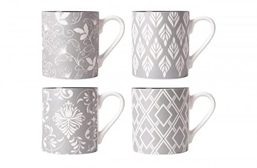 YöL Set Of 4 Porcelain New Bone China Mugs Coffee Tea Cup 17oz Grey White Floral Geometric Large Mixed Designs