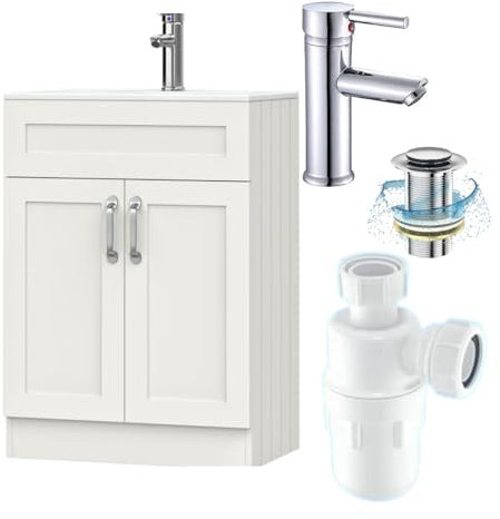 BELOFAY 600mm Under Sink Bathroom Cabinet Floor Standing Storage Cupboard Basin Vanity Unit, Laquered Cloakroom Vanity Unit with Basin, Trap and Waste, Tap not Included (Crawley White)