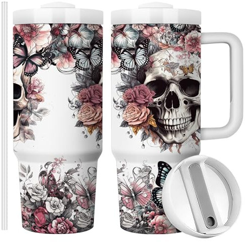 Equoza Horror Gifts Idea for Men 30oz Gothic Skulls Stainless Steel Travel Mug Tumbler with Handle, Double Wall Vacuun Insulated Cup with Lid and Straw (Pack of 1)
