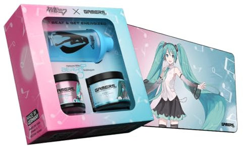 Gamers Only x Hatsune Miku Collector's Bundle, Limited Edition Set inkl. Gaming Mauspad, Performance & Vitamin Berry Bubblegum & Shaker, Zero Zucker pro Drink, zwei Dosen für 80 Drinks