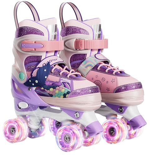 Rollschuhe für Kinder mit leuchtenden Rädern und 4 Größen einstellbar Quad Roller Skates für Mädchen und alle Anfänge(Pink, L)