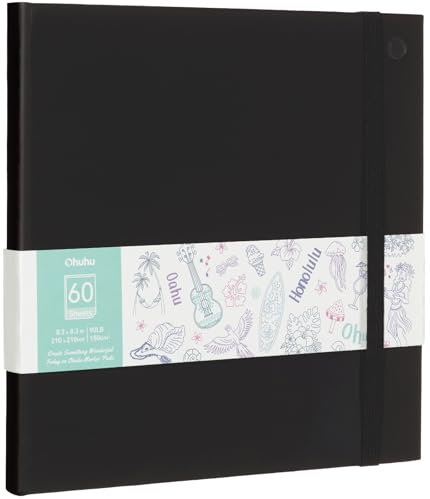 Ohuhu Skizzenbuch für Künstler - Doppelseitig Durchschlagfest, 120 Seiten (60 Blätter) 150 g/m² – Quadratisches Hardcover-Skizzenbuch für Marker, Zeichnen, Malen – Beidseitig Nutzbar, 21 x 21 cm