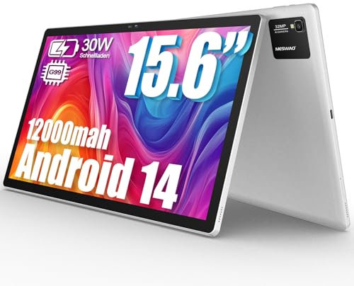 azamp 15,6 Zoll Android 14 Tablet, MES-B3 Pro Großes Tablets mit 30W-Schnelllademodus, Helio G99 Octa-Core, 12000mah, 6GB RAM+128GB ROM(1TB TF) Tablett, WiFi, 32MP Kamera