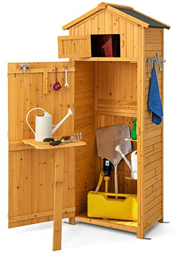 GOPLUS Gartenhaus Holz, Gartenschrank mit Ablagen & 8 Haken, Gerätehaus mit Satteldach, Geräteschuppen Gartenhütte Gartenschuppen für Garten & Terrasse, 70 x 35,5 x 176cm