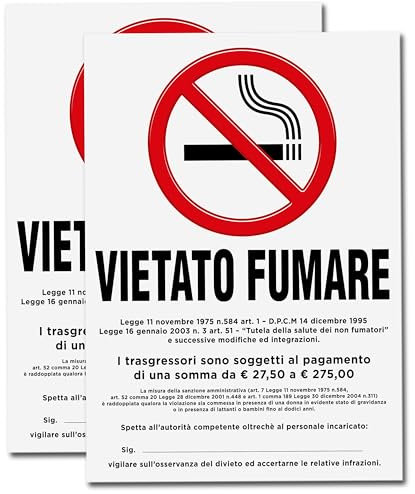 2 Adesivi VIETATO FUMARE Grandi con Normativa | Dimensioni cm 15x21 | No Smoking | Divieto di Fumo | Adesivo Resistente per Interno ed Esterno | 2 pz