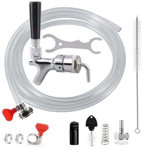Beer Line Faucet Shank Kit Kegerator Parts for Beer Tower,Kegerator Replacement Kit with Self-Closing Spring Beer Tap 5 Ft 3/16 Beer Tubing 1/4”Keg Coupler Barb Cleaning Brush Tap Cover