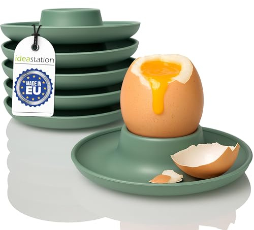 idea-station Eierbecher grün matt - 6 Stück - aus robustem Plastik | BPA-frei + Bruchfest + Spülmaschinenfest - leichte Kunststoff Eier Becher für Camping, Kinder - 6er Set mit Ablage für Löffel