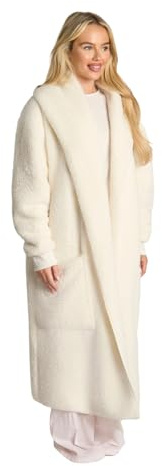 OHS Waterfall Teddy Fleece Cardigan Longer Length Open-Front Long-Sleeve Wrap Style Cardigan Sweater with Pockets - Blush Cream, Grey