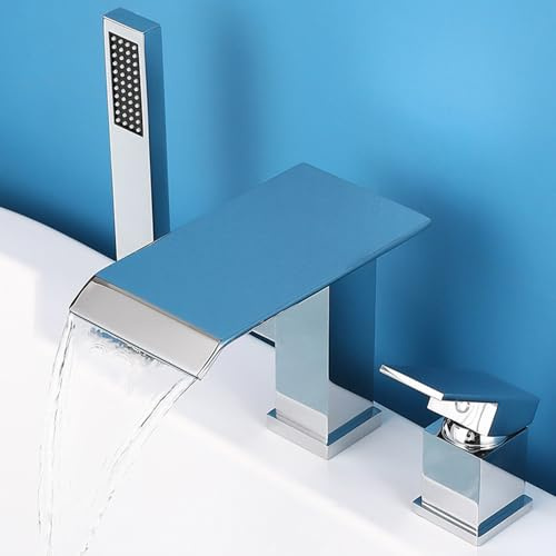 Miscelatore Bordo Vasca da Bagno 3 Fori Cromo a Cascata Dual Modalità Rubinetto Vasca Doccia con Doccetta Estraibile,Cromo Placcato