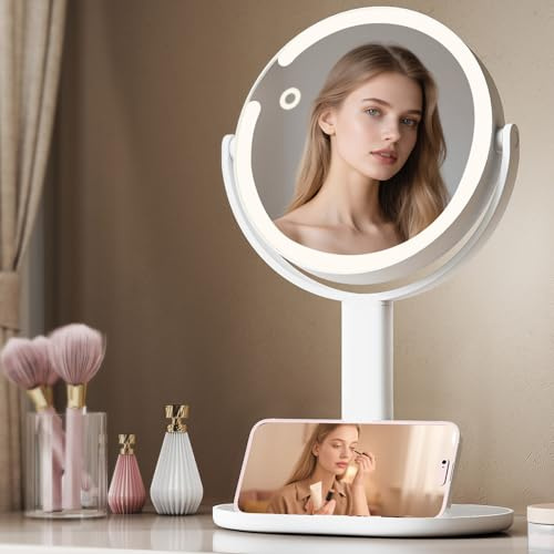 Emitto Lighted Makeup Mirror with Lights 3 Color, 1X/10X Magnifying, 2000Ah Rechargeable Battery for Bedroom Desk, 360° Rotation Large Surface, Stepless Dimming - 37x22cm White
