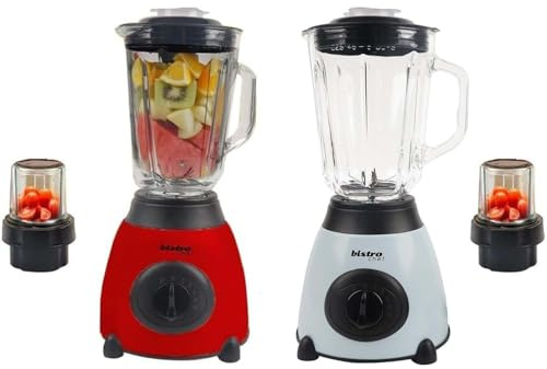 Bistro Chef 2-in-1 Nuts Ice Crushing Mixer Blender 850W, Professional Handheld Kitchen Blender 1.5L for Smoothie Maker, Fruit Juice, Shake, Made from Glass & Stainless Steel (Red & Blue, Pack of 2)