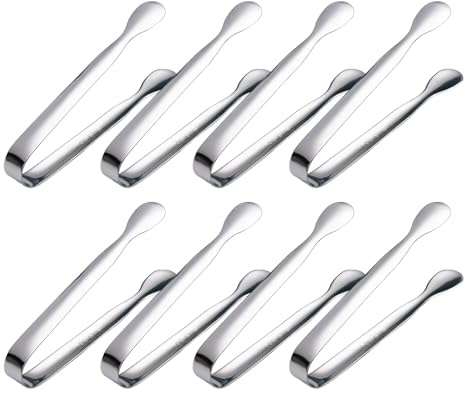 Homiladi 8pcs Ice Tongs | 4.33 Inch Silver Mini Tongs | Tiny Serving Tongs | Small Kitchen Tongs for Serving Food, Buffet, Tea Party, Coffee Bar, Desserts, Picnic