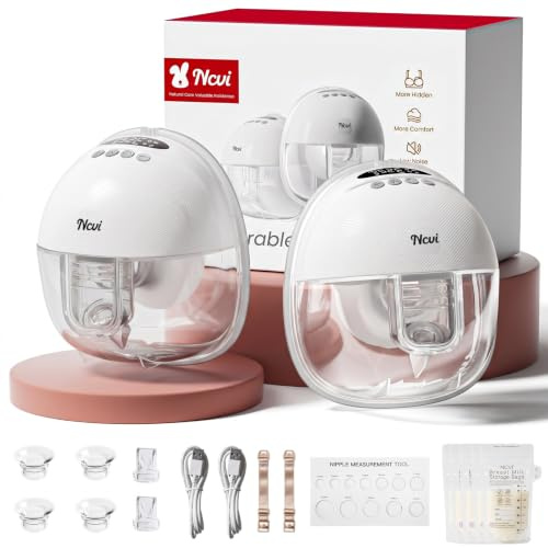 NCVI Hands Free Breast Pump for Work, Travel & Night Use White, 2Pcs | 4 Modes 9 Levels, BPA-Free, Adjustable Suction, LCD Display, Low Noise, Wearable
