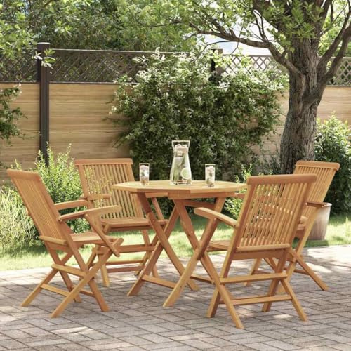 Bucmath 5-TLG. Garten-Essgruppe Massivholz Teak, klappbar, 85x85cm Tisch, 4 Stühle, wetterfest, für Outdoor-Patio, Balkon und Gartenbereich