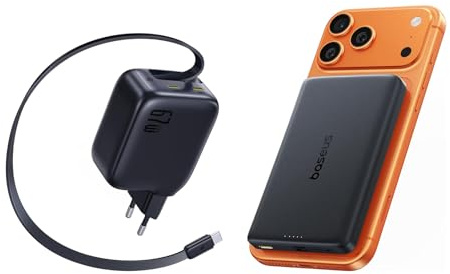 Baseus Enercore USB C Ladegerät 67W mit ausziehbaren Kabel + Baseus PicoGo AM52 Powerbank, Qi2.2 Magsafe Powerbank 10000 mAh